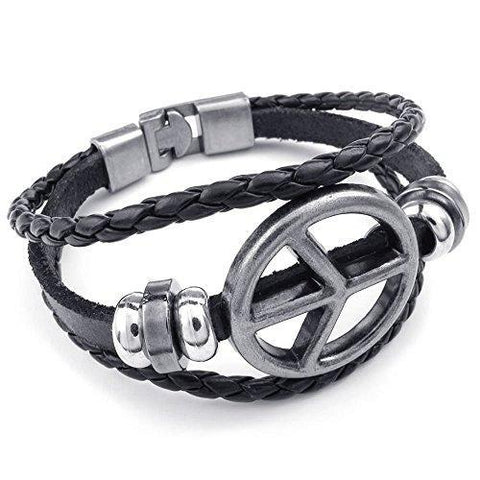 Stainless Peace Sign Triple Band Leather Bracelet