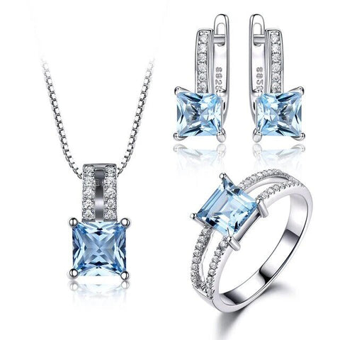 3PC Sterling Silver Light Blue Zirconia Jewelry Set