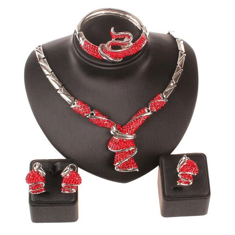 4PC Red Crystal Scarf Silver Plated Stainless Jewelry Set