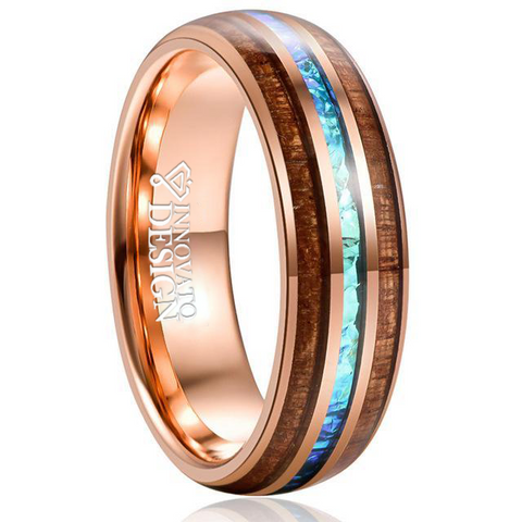 Brown Wood Blue Opal Rose-Gold Tungsten Carbide Ring 