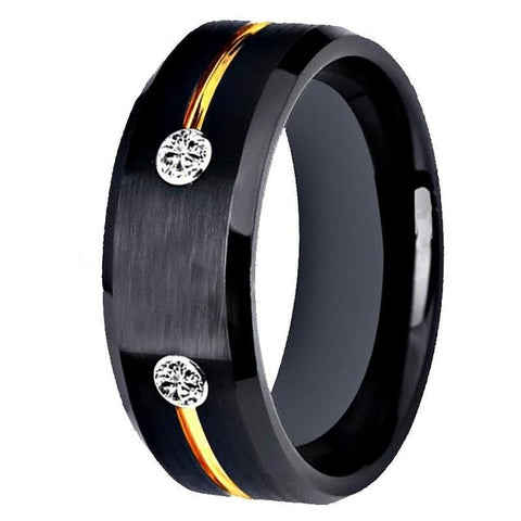 Modern Crystal Encrusted Gold & Black Tungsten Ring