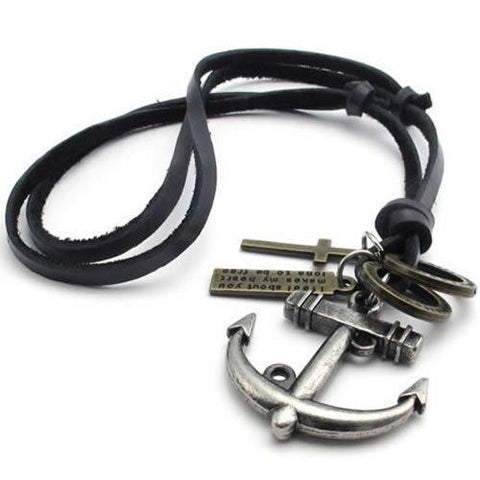 Adjustable Black Leather Strap Anchor Ring Christian Cross Charm Necklace