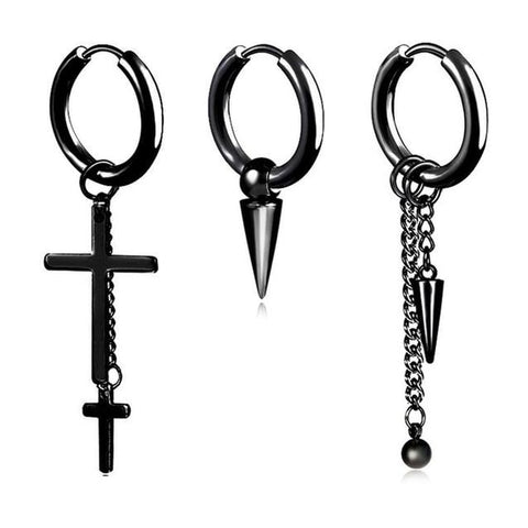 Chain Cross Feather Huggie Stud Stainless Earrings 