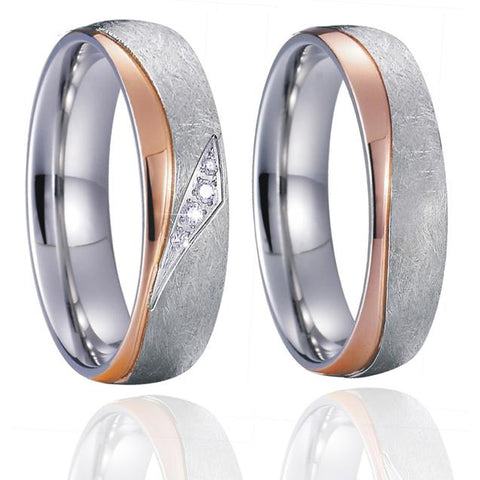 2PC Rose Gold & Silver Stone Washed Stainless Steel Wedding Band