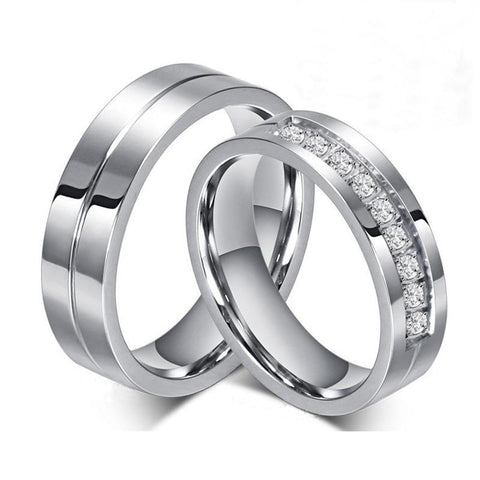 Stainless Steel Center Groove Crystal Pave Wedding Ring Set 