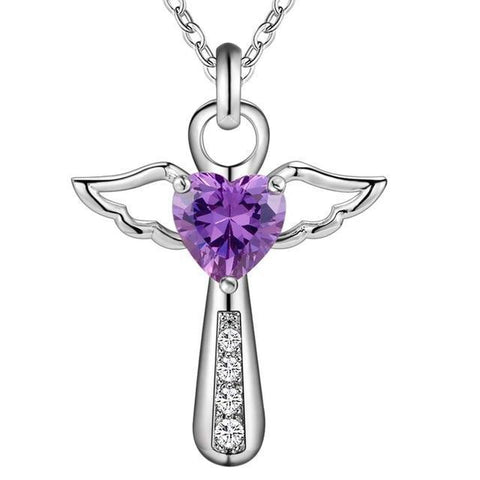 Wing Cross Colored Heart Crystal Sterling Silver Necklace 