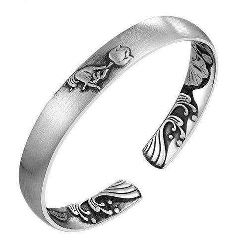 Rose Flower Engraved Silver Bangle