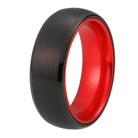 Matte Satin Dome Top Black & Red Tungsten Wedding Ring