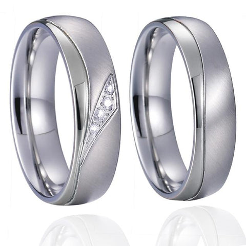2PC Dual Polished Crystal Flushed Silver Tone Stainless Steel Rings Set