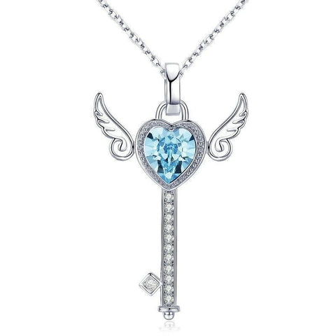 Winged Key Blue Heart-Cut Crystal Sterling Silver Necklace