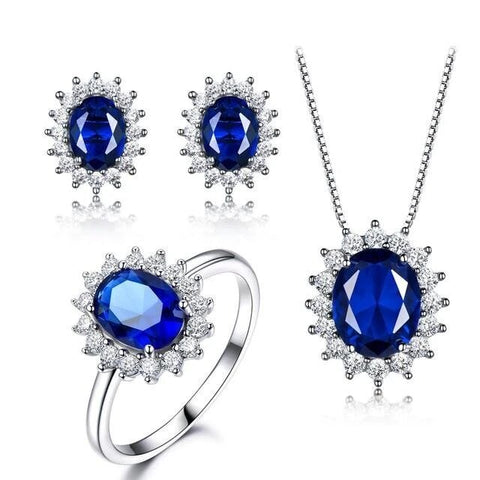 3PC Royal Blue Halo Setting Sterling Silver Jewelry Set 