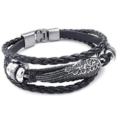 Triple Band Stainless Wing Black Leather Bracelet