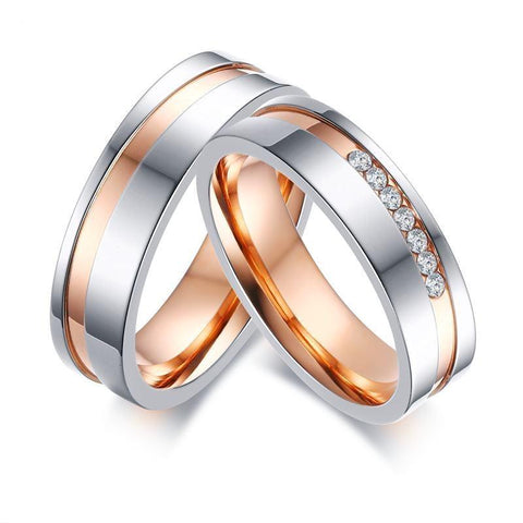 Silver & Rose Gold Off Center Channel Stainless Steel Ring Set