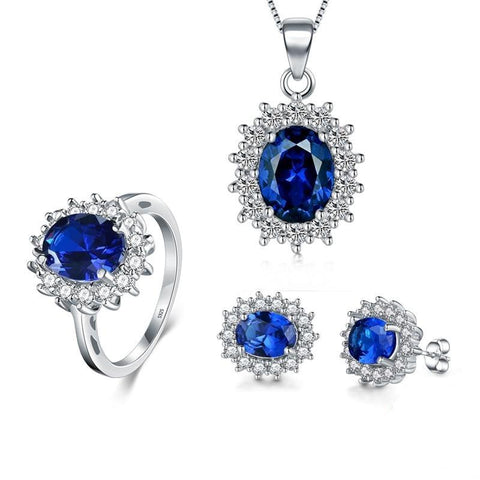 3PC Simulated Blue Sapphire Halo Jewelry Set