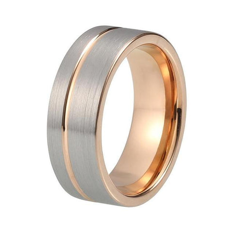 Silver & Rose Gold Off Center Groove Brushed Tungsten Carbide Ring