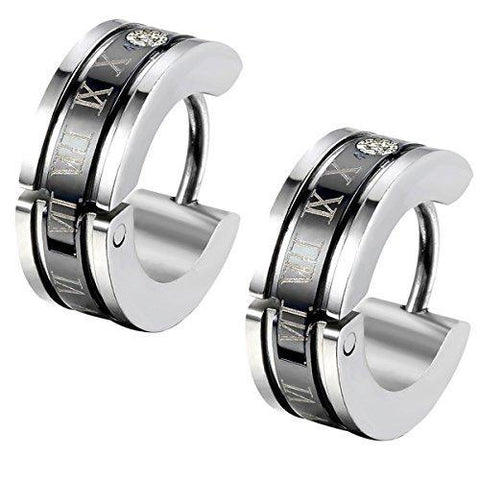 Stainless Steel Roman Numeral Colored Inlay Huggie Earring 