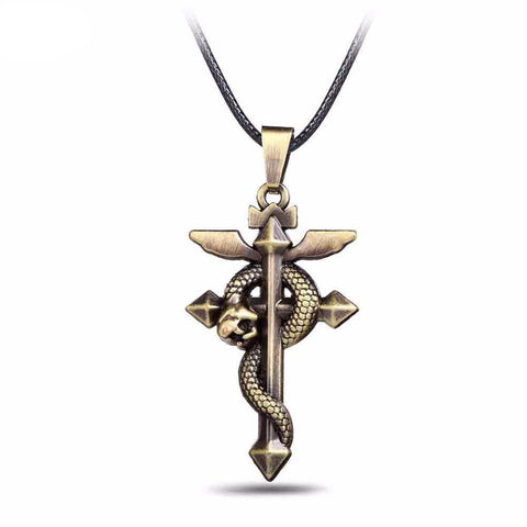 Bronze Snake Cross Leather Cord Necklace