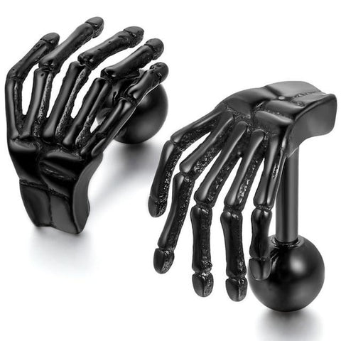 3D Illusion Skeleton Hand Black Stainless Stud Earring 