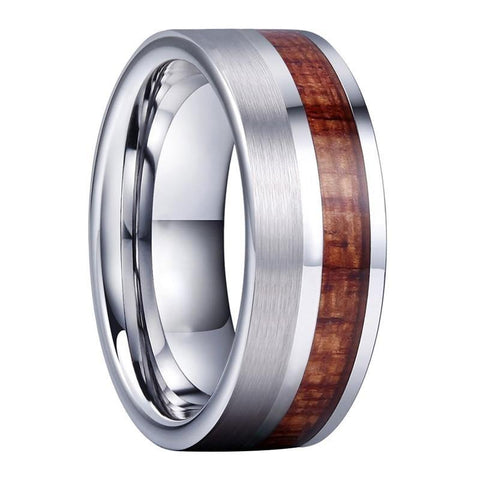 Men's Off Center Wood Inlay Silver Tungsten Carbide Ring