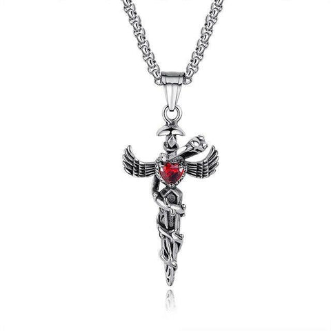 Winged Coiled Dragon Cross Dagger Red Heart Crystal Necklace 