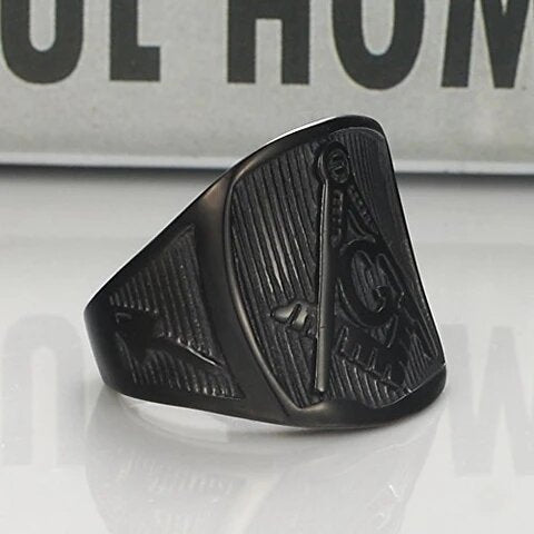 Stainless Steel Black Plated Masonic Vintage Signet Ring
