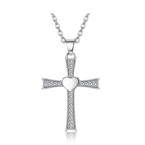 Clear Crystal Pave Sterling Silver Cross Heart Necklace