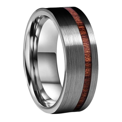 Brushed Silver Top Wood Inlay Tungsten Wedding Ring