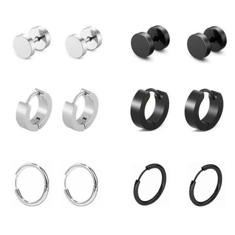6 Sets Black and Silver Hoop Huggie Stud Earrings