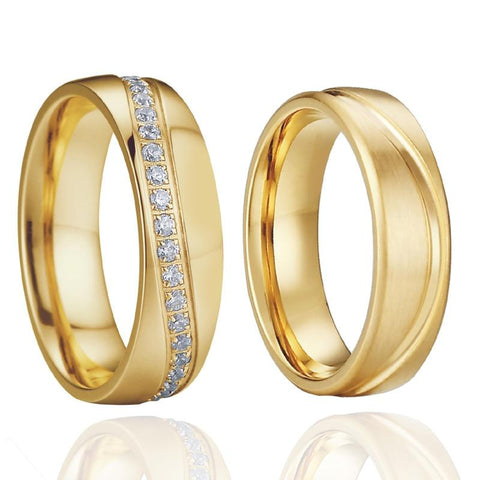 Gold Wave Crystal Pave Titanium Ring Set 