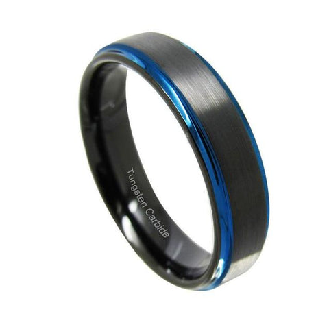 Blue Rimmed Black Matte Tungsten Wedding Band