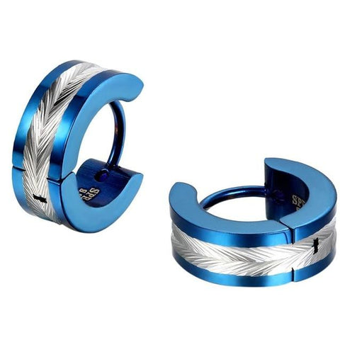 Men's Silver Herringbone Inlay Plated Steel Huggie Earring