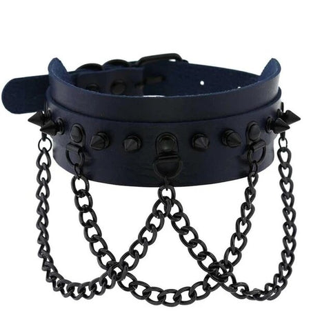 Dangling Black Chain Spike Leather Choker Necklace
