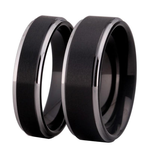 Matte High Bevel Black Tungsten Carbide Ring Set 