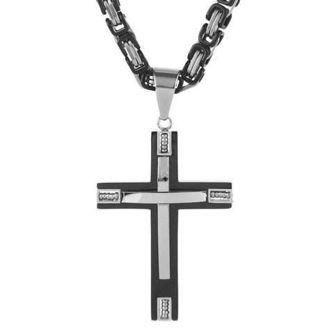 Black & Silver Hip Cross Stainless Steel Byzantine Necklace