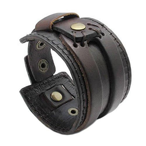 Double Layer Brown Leather Bracelet With Adjustable Strap