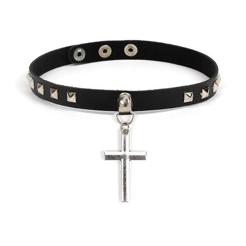 Black Leather Goth Cross Choker Necklace