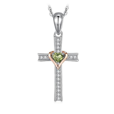 Two-Tone Crystal Pave Sterling Silver Cross Green Heart Ring Necklace