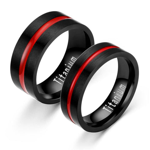 Pipe Cut Black & Red Center Groove Titanium Ring Set 