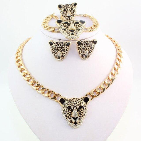 4PC Gold Plated Crystal Pave Jaguar Head Fashion Jewelry Collection