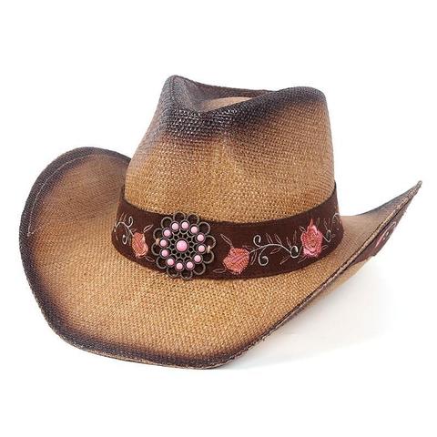 Sprayed Brown Straw Floral Cowgirl Hat