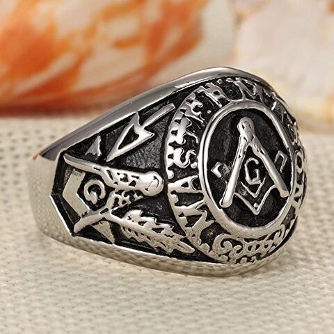 Men’s Stainless Steel Silver and Black Retro Vintage Masonic Ring