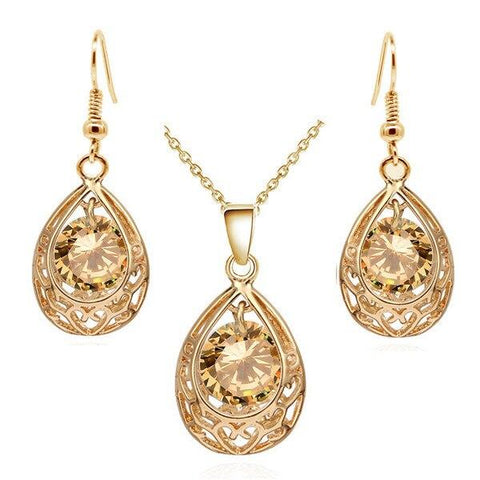 Gold Silver Colored Stainless Steel Crystal Earring Necklace Set