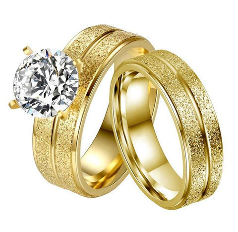 2PC Four Prong Zirconia Sandblasted Gold Tone Stainless Steel Ring Set