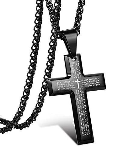 Black Stainless Steel Christian Cross Lord's Prayer Necklace 