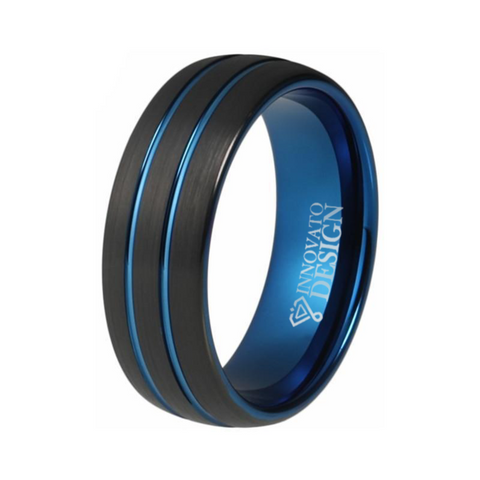 Unisex Double Blue Groove Matte Black Tungsten Ring 