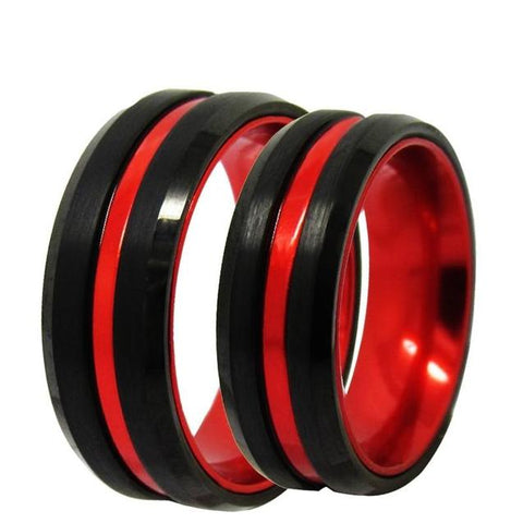 His & Her Red Black Center Groove Tungsten Carbide Ring Set