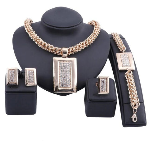 4PC Crystal Plate Thick Gold Plated Cord Jewelry Set