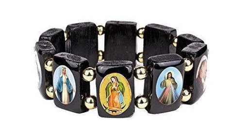 Religious Saint Portrait Elastic Wooden Bracelet