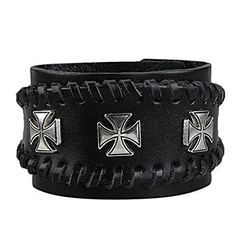 Silver-Tone Maltese Cross Full-Width Leather Bracelet 