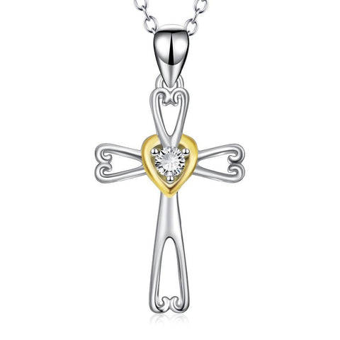 Silver & Gold Sterling Silver Heart Crystal Curl Ring Cross Necklace